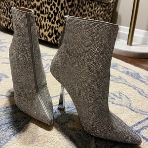 Rhinestone booties with silver accent heel